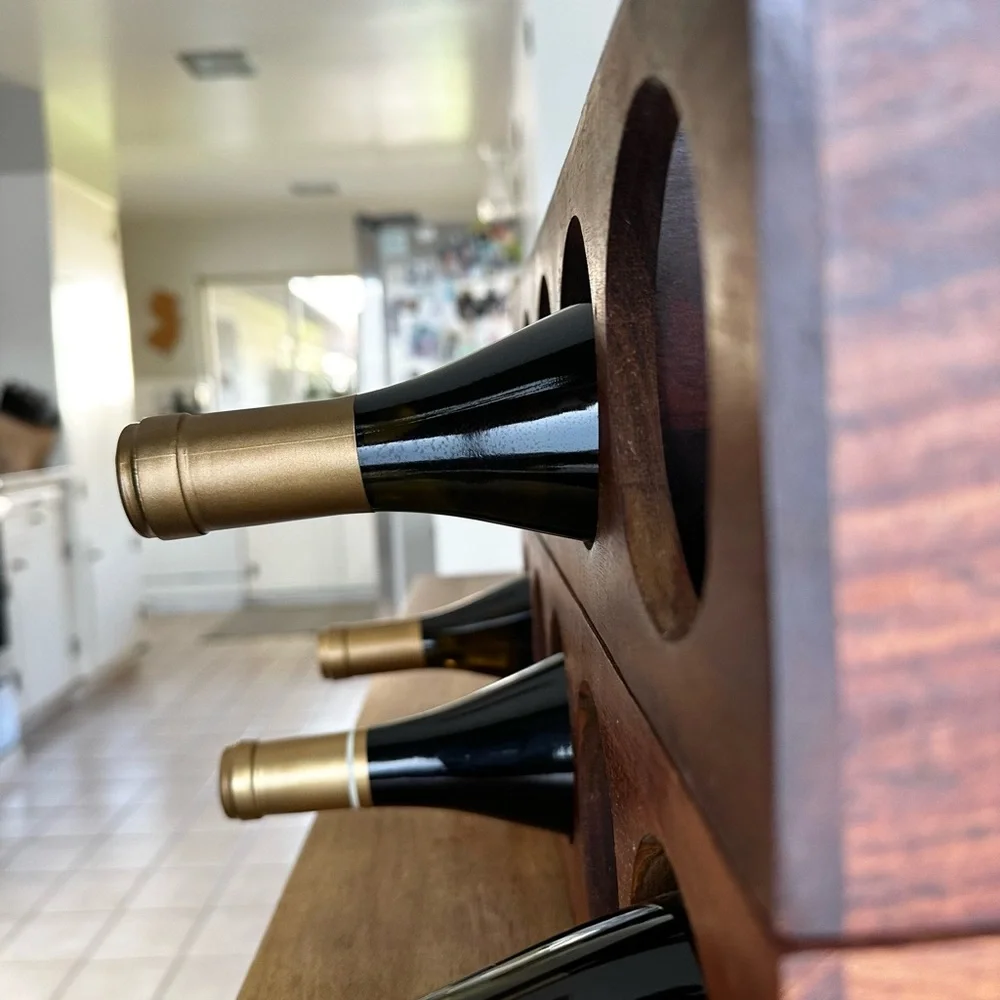 | crate & barrel • 10 bottle wooden wine rack • medium brown |